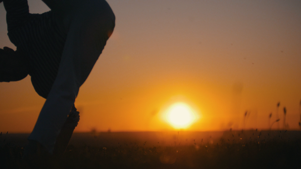 Deportista se dedica a la capoeira en el fondo de una puesta de sol naranja, en cámara lenta
 - Metraje, vídeo