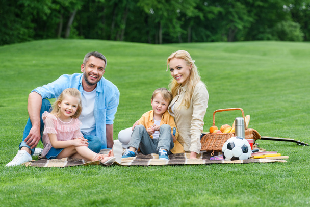 familia feliz con dos niños sonriendo a la cámara mientras se sientan juntos en cuadros en el picnic en el parque
  - Foto, imagen