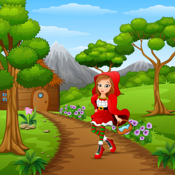 Иллюстрация красной девушки в капюшоне в деревне в лесу
 - Вектор,изображение