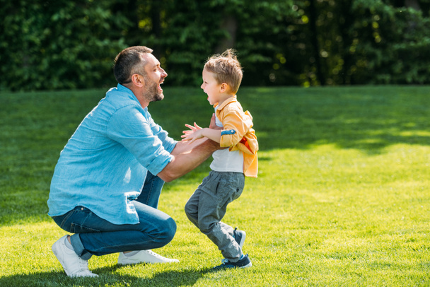 side view of cheerful father and son hugging and smiling each other in park - Фото, изображение