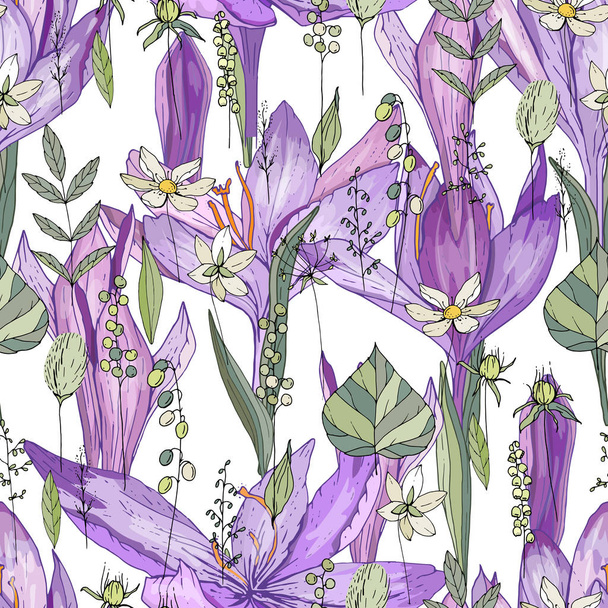 Seamless pattern with crocus and herbs. Endless texture for your design - Vector, Image