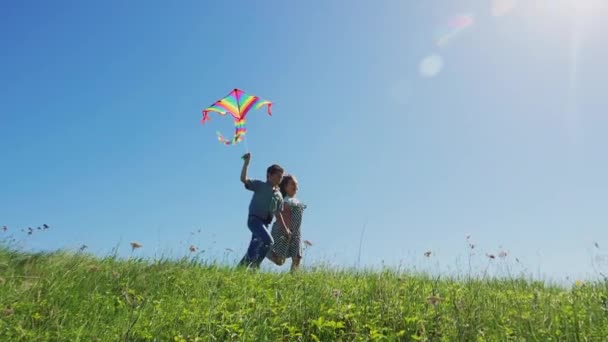 Kind jongen en meisje geniet van wandelen met vliegende kite - Video