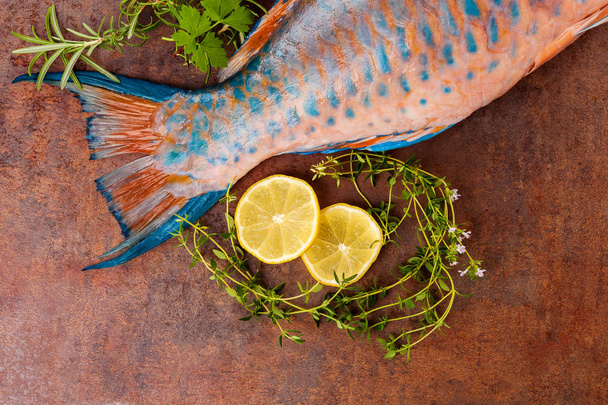 Delicious parrotfish with herbs from above on rusty background. - Photo, Image