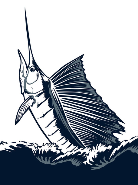 Marlin azul aislado sobre blanco. Peces de vela saltando del agua. emblema de pesca para club deportivo al aire libre
. - Vector, imagen