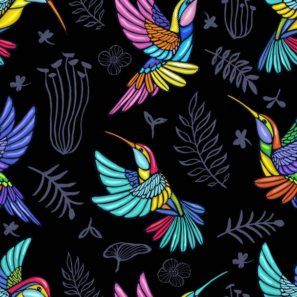 Embroidery patch seamless pattern Hummingbird, palm tree leaves, flowers tropical art. Fashionable embroidery tropical summer background. Template design clothes, t shirt. Hand drawn vector. - Вектор, зображення