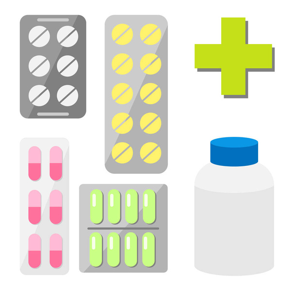 A set of vector illustrations with medicinal plaques and tablet pills - Vector, Image