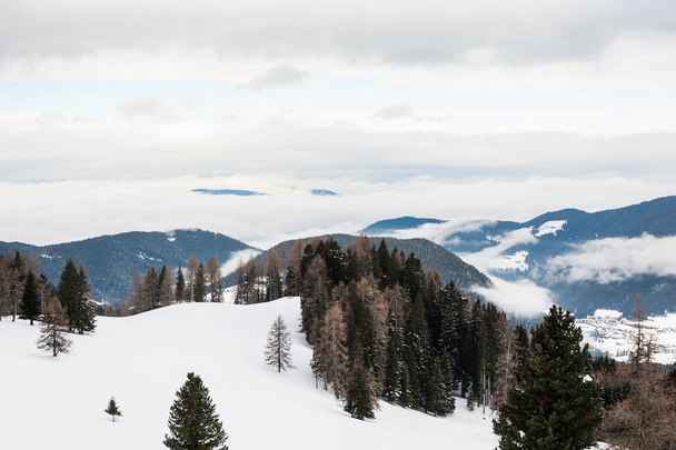 Foggy morning in the winter mountains. Dolomite Alps, Italy - Zdjęcie, obraz