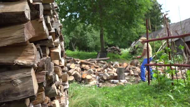 Holzstapel und verschwommener Bauer bereiten im Hof Brennholz zu. 4k - Filmmaterial, Video
