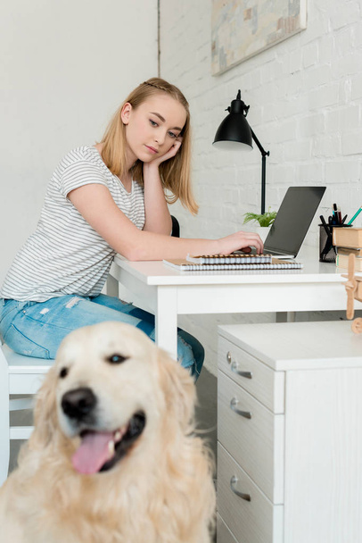 thoughtful teen student girl doing homework with her golden retriever on foreground - Foto, immagini