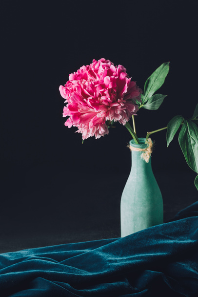 one pink peony flower in vase on dark background - Фото, зображення