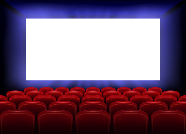 Bioscoop film premiere posterontwerp met leeg wit scherm. Realistische cinema hall interieur met rode zetels. Vectorillustratie. - Vector, afbeelding