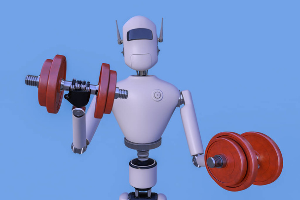 a robot is exercising with dumbbells (3d rendering) - Photo, Image