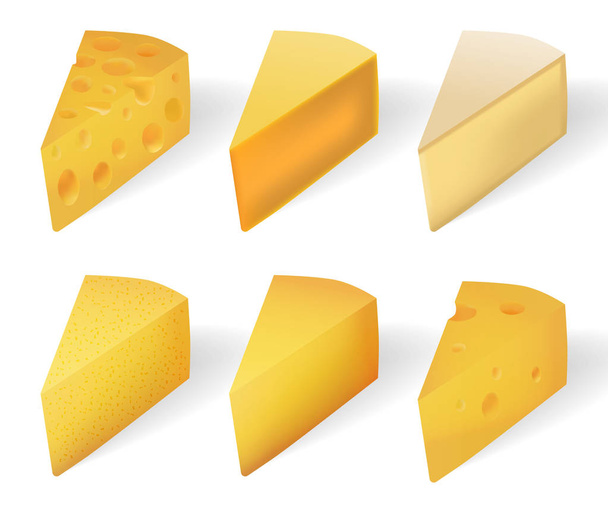 Fincsi sárga sajt elszigetelt fehér. Reális sajt típusok beállítása elszigetelt fehér. vektoros illusztráció - Vektor, kép