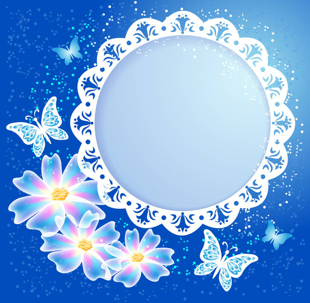 Transparent flowers with butterflies and openwork white frame on blue background - ベクター画像