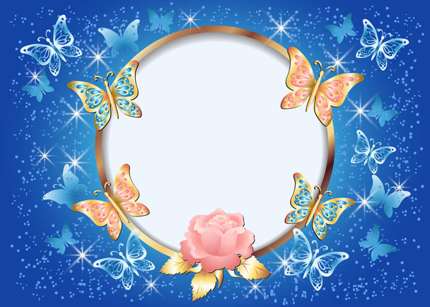 Luxurious golden butterflies and pink rose with decorative round frame on glowing stars background - Wektor, obraz