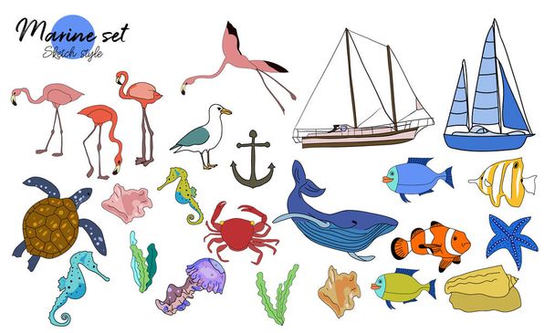 Vektoros összeállított készlet doodle tengeri cucc. Teknős, tengeri ló, tengeri csillag, hajó, jacht, rák, fehér háttér. - Vektor, kép