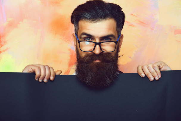 Bearded man, brutal caucasian hipster with moustache in glasses - Фото, изображение