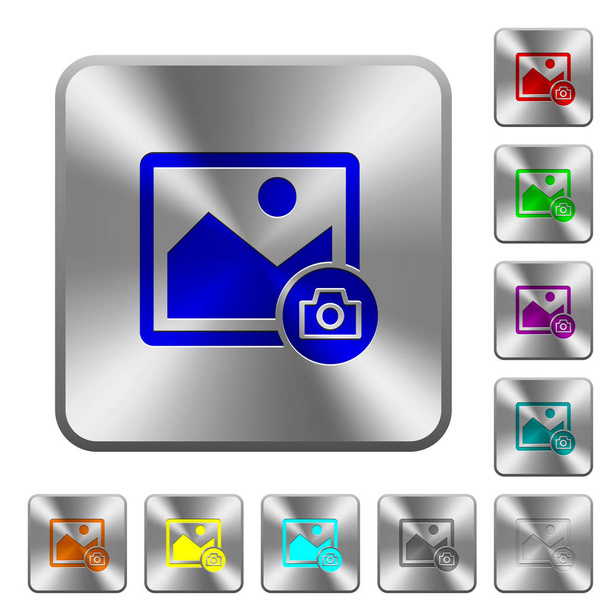 Agarra iconos de imagen grabada en botones cuadrados redondeados de acero brillante
 - Vector, imagen