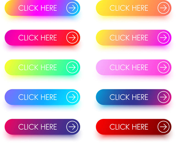 Set of colorful click here buttons with arrow isolated on white background. Vector illustration - Vetor, Imagem