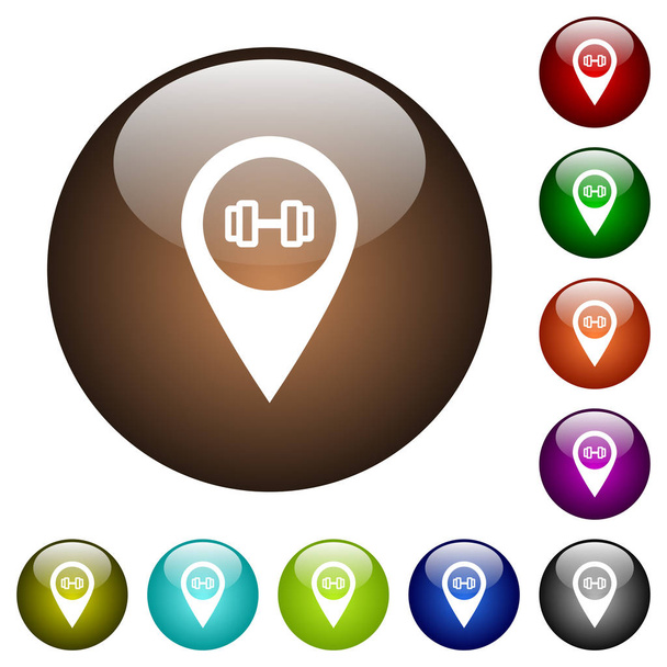 Gimnasio GPS mapa ubicación iconos blancos en botones de vidrio de color redondo
 - Vector, Imagen