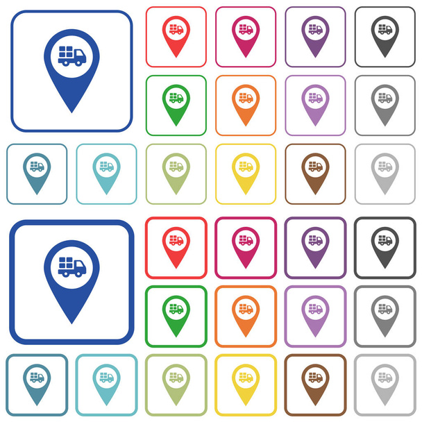 Транспортная служба GPS карта расположения цветные иконки в округлых квадратных кадрах. Тонкие и толстые версии включены
. - Вектор,изображение