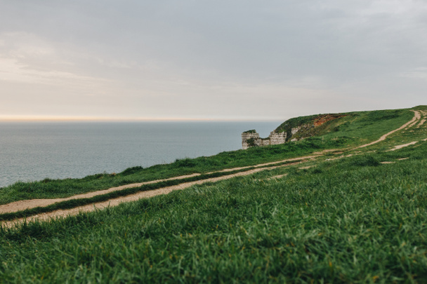 Piękny zielony łąka na klifie nad morzem w Etretat, Francja - Zdjęcie, obraz
