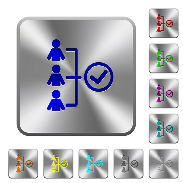 Успішна командна робота з гравірованими значками на закруглених квадратних глянцевих сталевих кнопках
 - Вектор, зображення