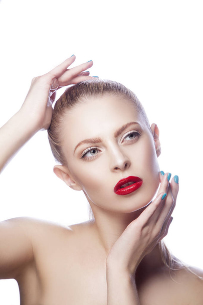 Portrait of woman with red lips and blue nail polish - Фото, зображення