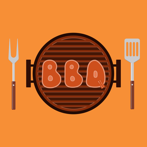 Letters BBQ on the grill. Grilled meat steak on the grid. Barbecue Grill with fork and spatula. Vector illustration flat design. Isolated. - Vector, Image