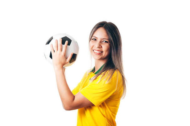 Woman soccer fan with ball isolated on white background - Fotografie, Obrázek