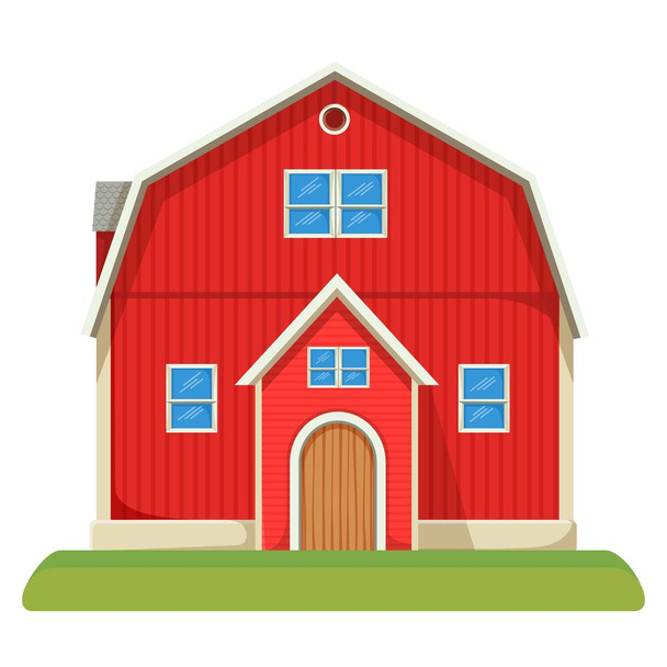 Червоний місткий фермерський сарай з двоповерховим і акуратним газоном
 - Вектор, зображення