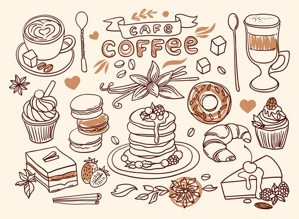 Beautiful hand drawn vector illustration coffee and sweets. - Wektor, obraz