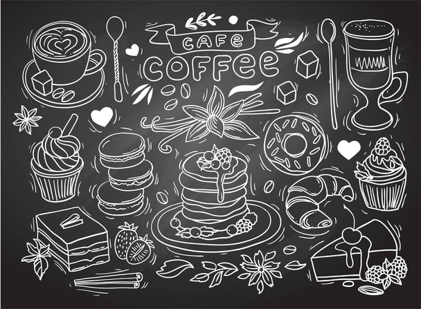 Krásné ručně kreslené vektorové ilustrace kávu a sladkosti. - Vektor, obrázek