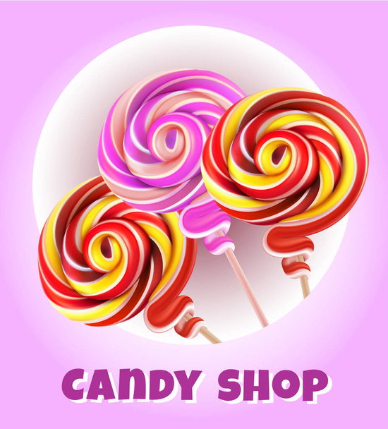 Candy set. Swirl caramel. Sweet lollipop. 3d vector icon - Vetor, Imagem