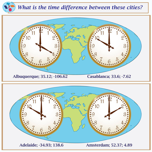 Logické úlohy. Jaký je časový rozdíl mezi těmito městy? Vektorové ilustrace - Vektor, obrázek