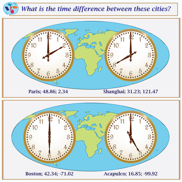 Λογική διεργασία. Ποια είναι η διαφορά ώρας ανάμεσα σε αυτές τις πόλεις; Εικονογράφηση διάνυσμα - Διάνυσμα, εικόνα