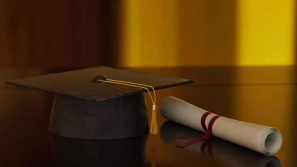 Выпускной колпачок с золотой кисточкой и ролл диплом пергамент с красной шелковой лентой покоится на черном отражательном фоне. 3D-моделирование
 - Фото, изображение