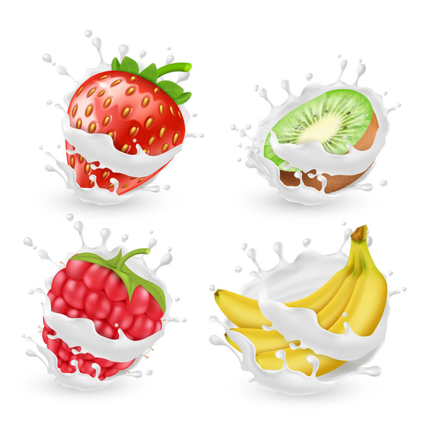 Vector set of fruits and berries in milk splashes - Vektor, kép