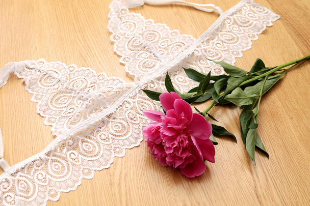 Sexy bra, sconces, handmade lingerie. white underwear set. - Photo, Image