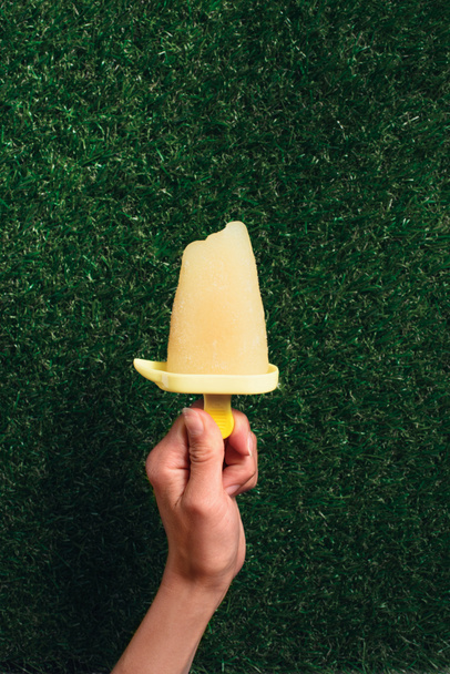 Hand holding delicious popsicle on green grass background - 写真・画像