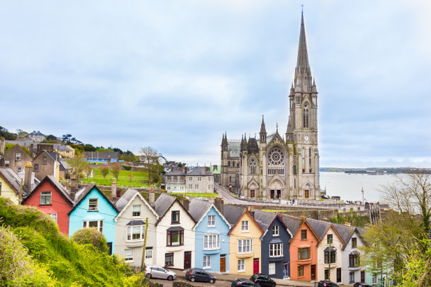Cathedral  and colored houses in Cobh, Ireland - Photo, Image