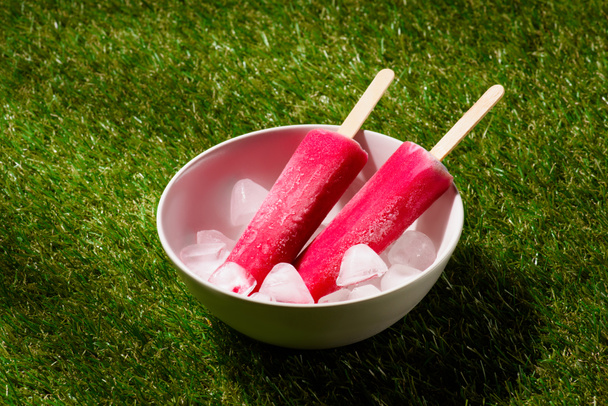 Delicious ice pops in bowl with ice cubes on green grass background - Valokuva, kuva