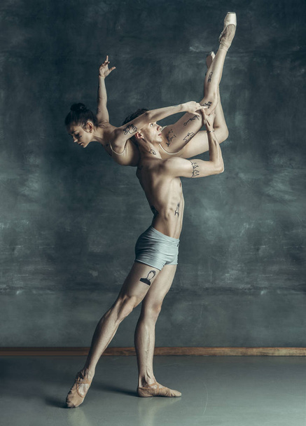 The young modern ballet dancers posing on gray studio background - Fotó, kép