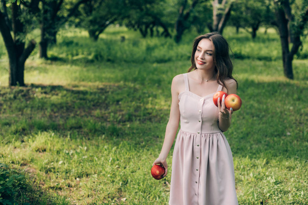portrait of smiling young woman in dress with ripe apples at countryside - Foto, afbeelding