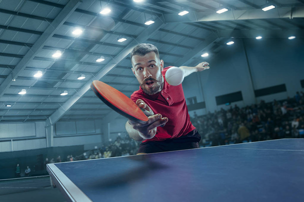 The table tennis player in motion. Fit young sports man tennis-player in play on sport arena background with lights. Movement, sport game, stobe concepts. Professional. Human emotions, facial - Фото, изображение