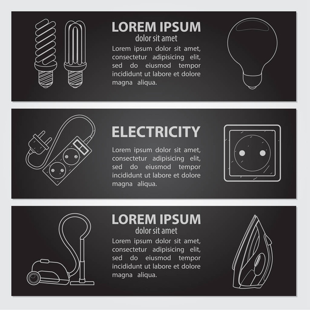 Set of cards, or banner, or booklet of vector light bulb, outlet, extension cord, iron, vacuum cleaner and handwritten vintage lettering. Monochrome illustration isolated on black background - Vektör, Görsel