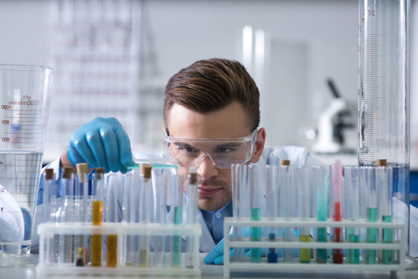 Important research. Adult smart concentrated explorer sitting in the lab in the environment of vials conducting the research and working with the test tubes. - Photo, image