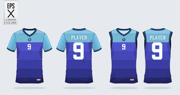 Μπλε λωρίδα μοτίβο t-shirt πρότυπο σχεδίασης αθλητισμού για ποδόσφαιρο φανέλα, σετ ποδοσφαίρου και δεξαμενή κορυφή για μπάσκετ φανέλα. Sport στολή μπροστά και πίσω όψη. T πουκάμισο κοροϊδεύω επάνω για αθλητική λέσχη. Εικονογράφηση διάνυσμα. - Διάνυσμα, εικόνα