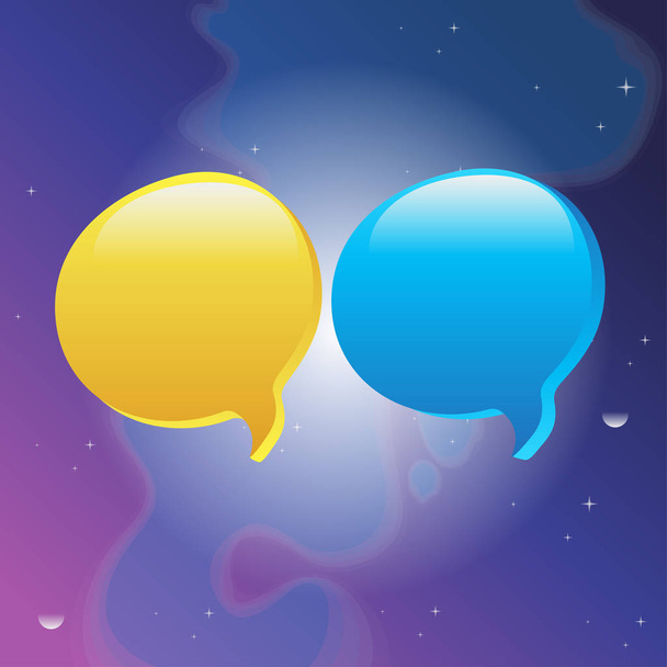 Yellow and blue speech bubbles. Vector illustration on blue-violet cosmic background. - Vektor, obrázek