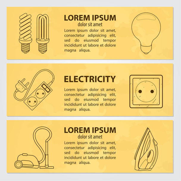 Set of cards, or banner, or booklet of vector light bulb, outlet, extension cord, iron, vacuum cleaner and handwritten vintage lettering. Monochrome illustration isolated on beige background - Vektör, Görsel